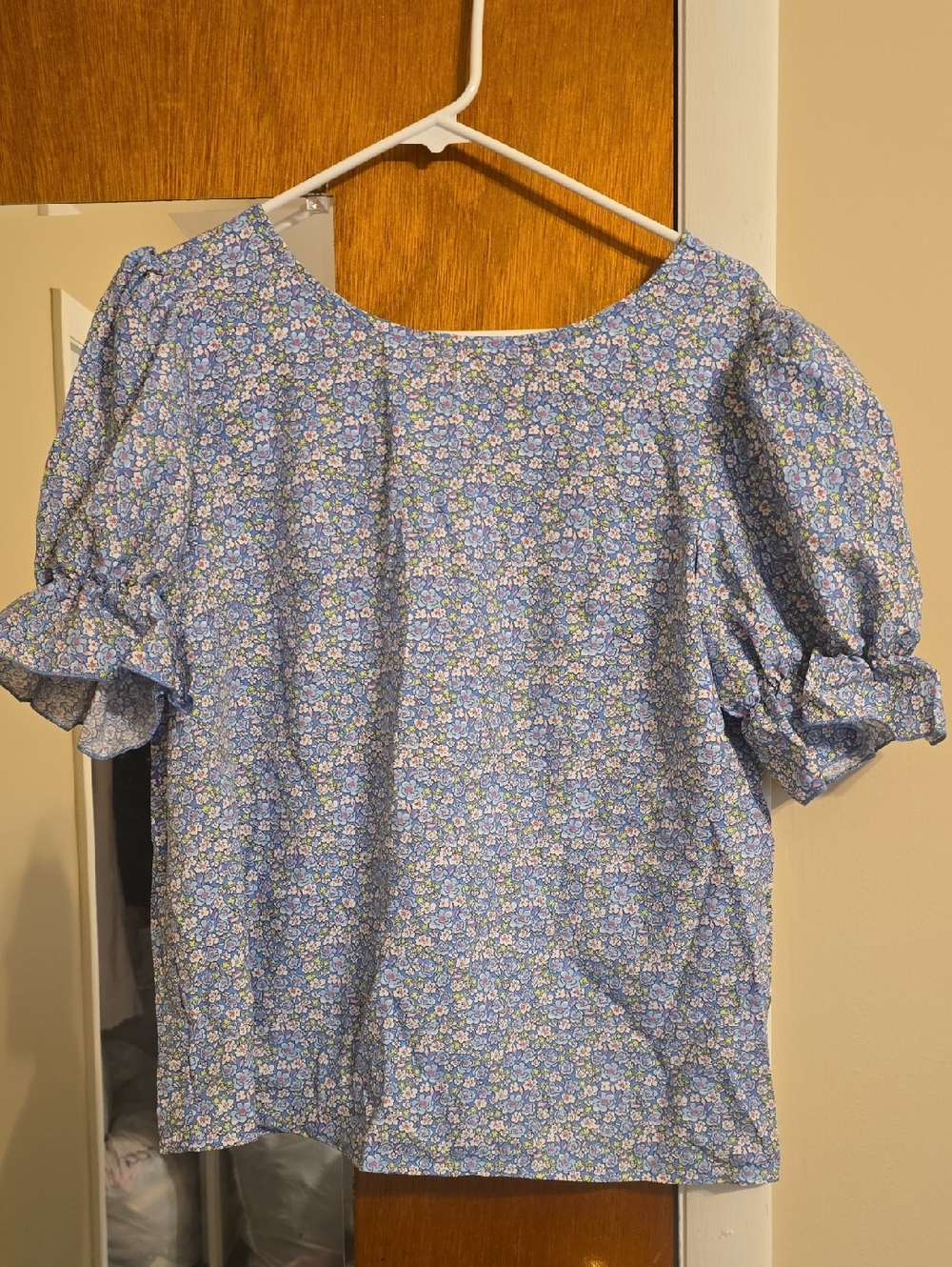 SHEIN Blue Floral Puff-Sleeve Blouse